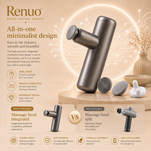 Renuo Mini Massage Gun — compact percussion massager in gray