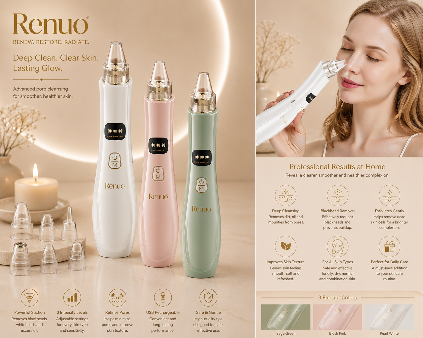 Renuo Clean Pore Vacuum — rechargeable blackhead remover with adjustable suction