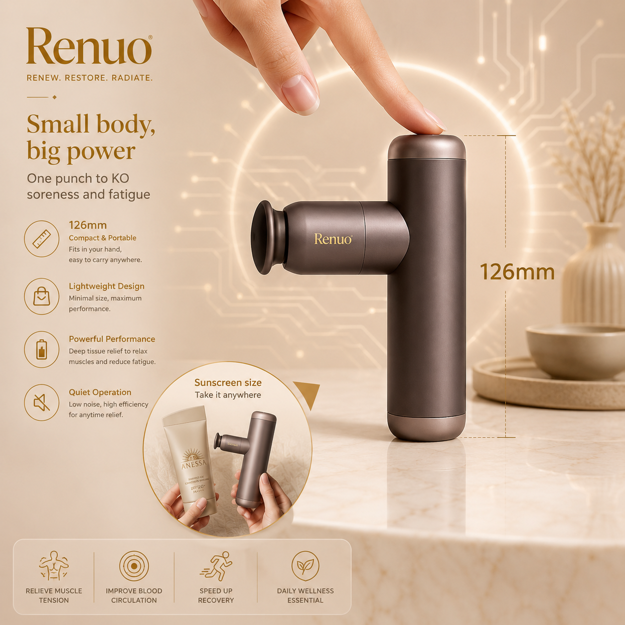 Renuo Mini Massage Gun — size and attachment detail