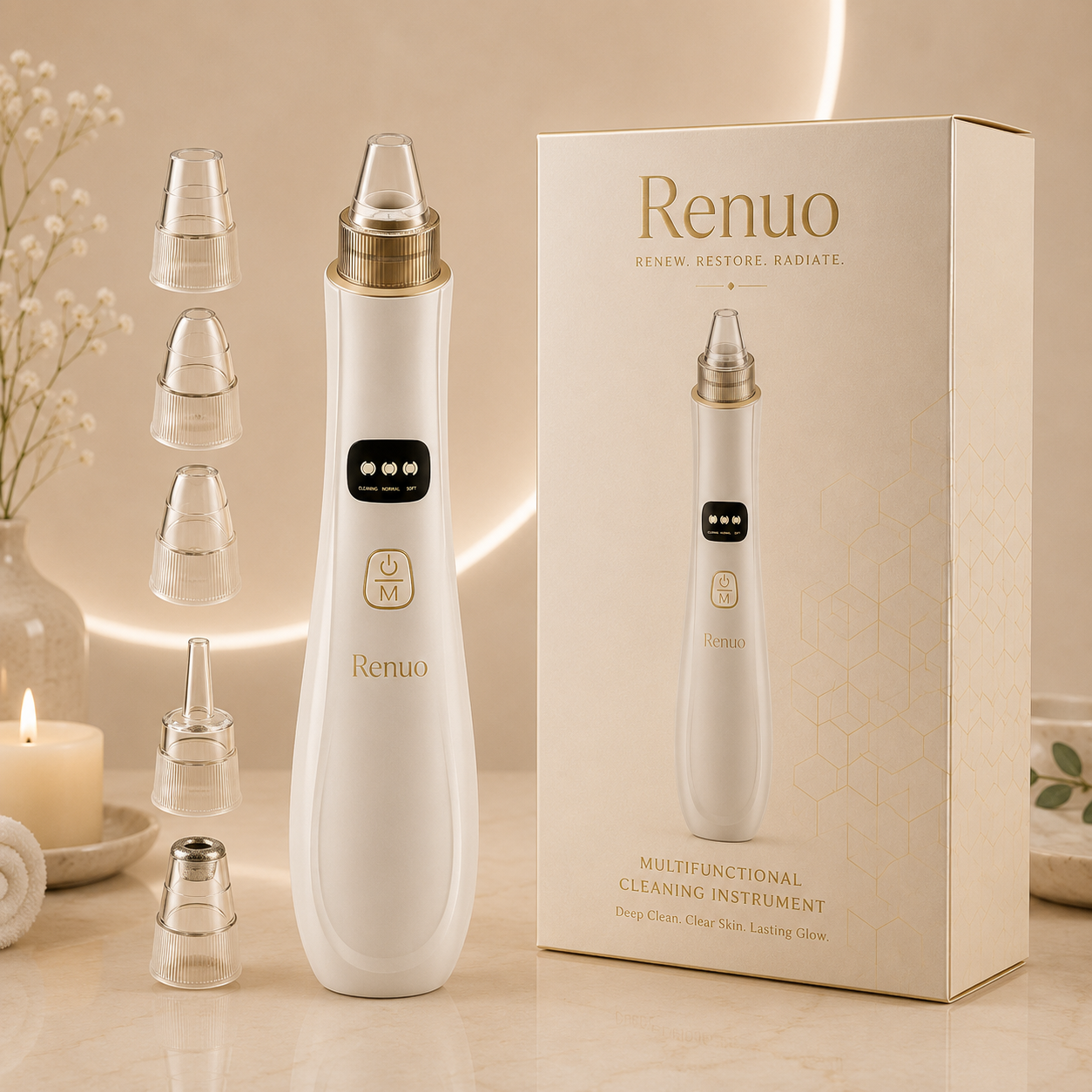 Renuo Clean Pore Vacuum — color options and attachments